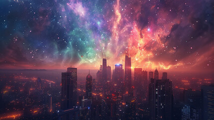 Glimmering starfield over a futuristic cityscape, dreamy auroras in the sky - ultra HD, vibrant colors - obrazy, fototapety, plakaty