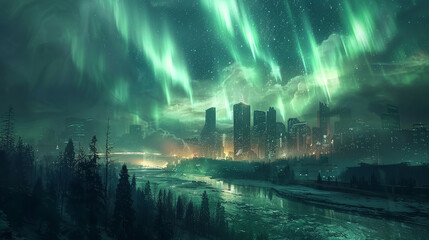 Glimmering starfield over a futuristic cityscape, dreamy auroras in the sky - ultra HD, vibrant colors