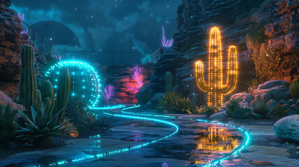 Glowing cactus in a lonely greenhouse pod, orbiting a dead planet