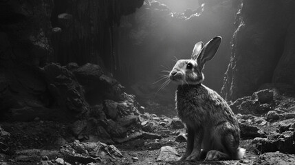 rabbit, cast in darkness, amidst a dream of withering dessert forests - obrazy, fototapety, plakaty