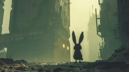 Shadowy rabbit hopping through a dreamland of deserted, dark dessert towers - obrazy, fototapety, plakaty