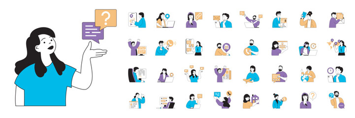 Contact us concept with character situations mega set in flat web design. Bundle of scenes people calling to company support center, send business emails, chatting with operator. Vector illustrations.