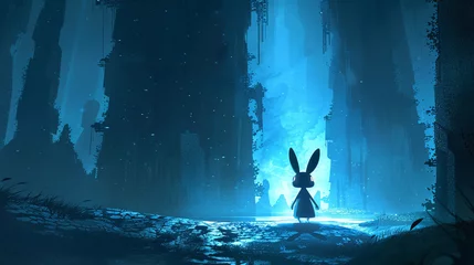 Foto op Plexiglas Shadowy rabbit hopping through a dreamland of deserted, dark dessert towers © Pungu x