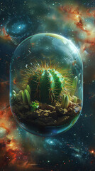 Obraz na płótnie Canvas Solitary cactus in a self-sustaining terrarium, adrift in the vast galaxy