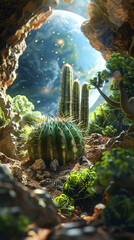 Solitary cactus in a self-sustaining terrarium, adrift in the vast galaxy - obrazy, fototapety, plakaty