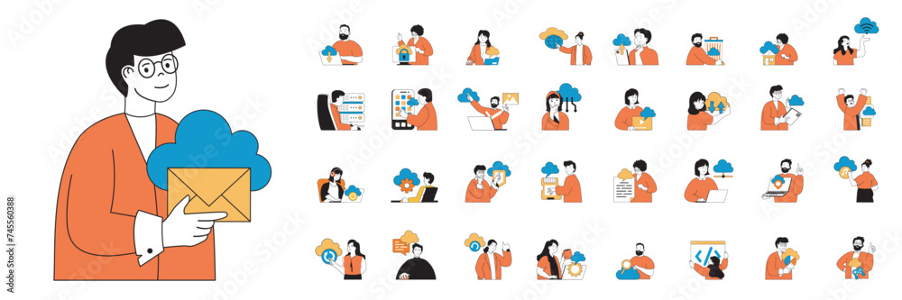 Poster cloud computing concept with character situations mega set in flat web design. bundle of scenes peop