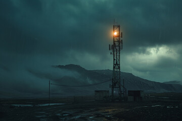 Wireless signals, dark and powerful, emanate from a 6G tower standing alone in a wasteland - obrazy, fototapety, plakaty