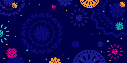 Hispanic heritage month background. Vector banner, poster for social media, networks. Greeting card with copy space. National Hispanic heritage month text, Papel Picado pattern on blue background.