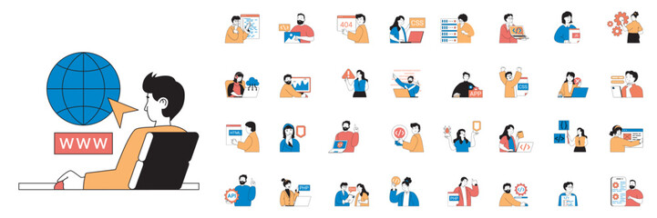 Programming concept with character situations mega set in flat web design. Bundle of scenes people working with program code, coding apps and creating software, fixing bugs. Vector illustrations.