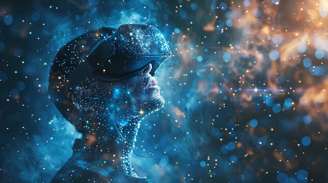 Virtual reality dreamscape, user navigating through a sparkling star field, futuristic interface