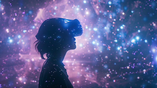 Virtual reality dreamscape, user navigating through a sparkling star field, futuristic interface