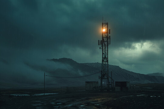 Wireless signals, dark and powerful, emanate from a 6G tower standing alone in a wasteland