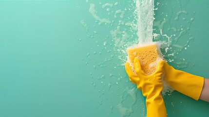 Cleaning Action Shot with Sponge and Splashing Water, Sanitary Concept - Dynamic Housekeeping, Clean Environment Creation, Vibrant - obrazy, fototapety, plakaty