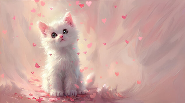 Cute Kitten Amongst Pink Hearts - Adorable, Valentine's Pet Concept, Great for Animal Love Promotion, Greeting Cards, and Pet-Care Services