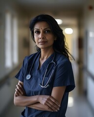 Female consultant doctor stands confidently in between ward rounds