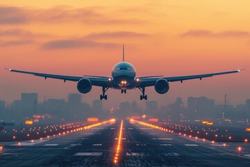 Majestic landing airliner on night runway - obrazy, fototapety, plakaty