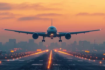 Fotobehang Majestic landing airliner on night runway © ЮРИЙ ПОЗДНИКОВ