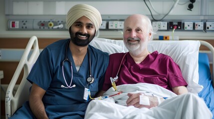 Obraz premium Patient in bed seen by Sikh doctor