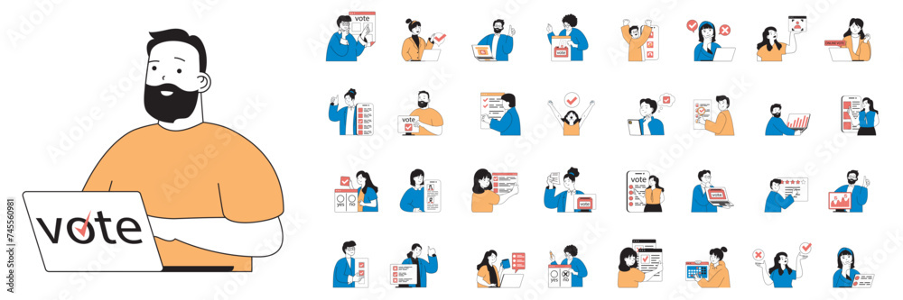Poster online voting concept with character situations mega set in flat web design. bundle of scenes people