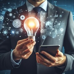 a young man in a business suit holding a burning light bulb as a symbol of business ideas and a smartphone - obrazy, fototapety, plakaty