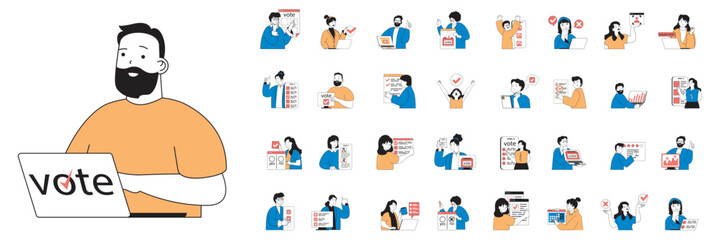 Online voting concept with character situations mega set in flat web design. Bundle of scenes people making decisions at political election, putting vote paper in ballot box. Vector illustrations. - obrazy, fototapety, plakaty