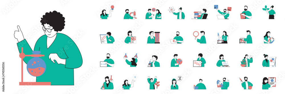 Fototapete science laboratory concept with character situations mega set in flat web design. bundle of scenes p