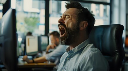 A tired business man letting out a large yawn in the office