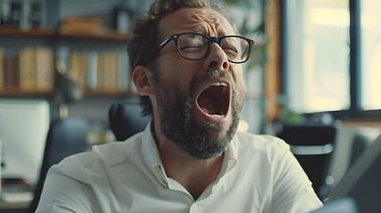 A tired business man letting out a large yawn in the office - obrazy, fototapety, plakaty