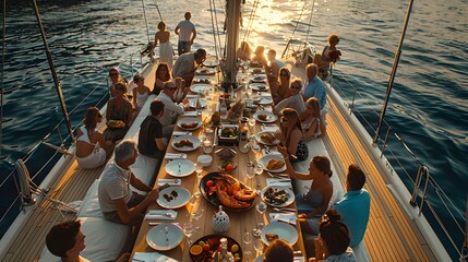 Group of rich friends at sumptuous party by the sea, top down view - obrazy, fototapety, plakaty
