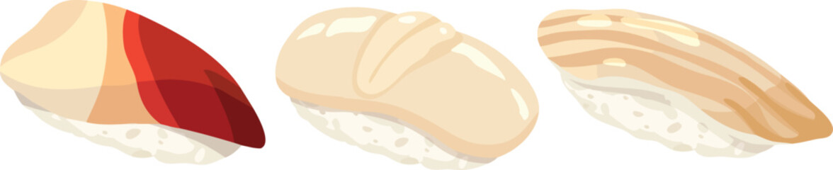 Hokkigai , Hotate , Mirugai nigiri. Surf clam , scallop, giant clam sushi. Sushi illustration vectors.
