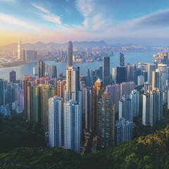 City skyline view with skyscrapers at dusk in Hong Kong, China