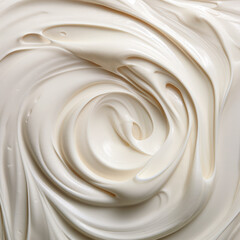 Close-up, top view. Texture of pastry cream, ice cream, yogurt, yoghurt, oil paint, cosmetic product, cream. White color.
