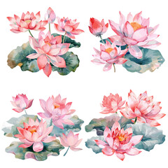 Set of watercolor Lotus Flower isolated on white background