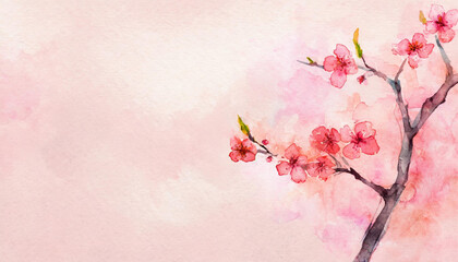 Watercolor drawing of cherry blossom and branch on grungy pink background