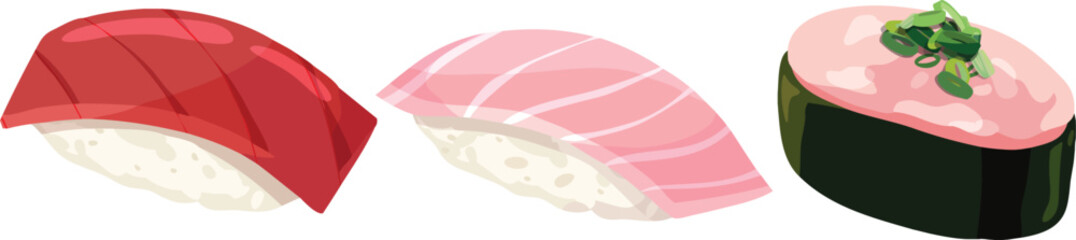 Maguro, Toro, Negi Toro nigiri. Tuna, Fatty Tuna  ,scallions and fatty tuna sushi. Sushi illustration. Japanese illustration vector. - obrazy, fototapety, plakaty