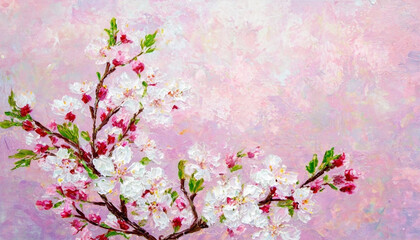 Oil painting of cherry blossom and branch on grungy pink background