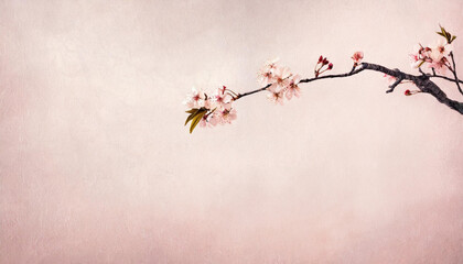 Watercolor drawing of cherry blossom and branch on grungy pink background