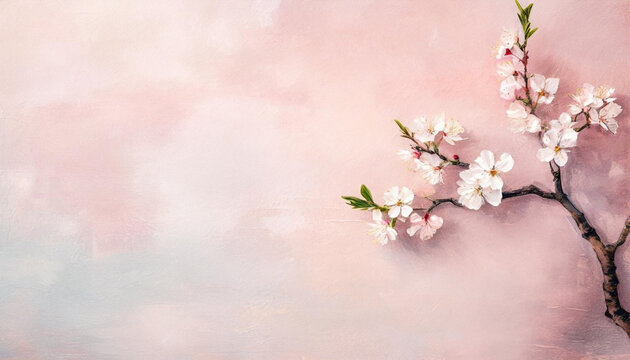 Oil painting of cherry blossom and branch on grungy pink background