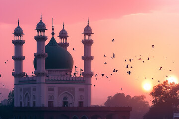 A picture of the dome and a clock tower in a Mosque at sunset or sunrise, the tallest clock tower - Powered by Adobe