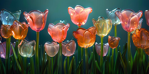 Green Purple And Orange Tulip Flowers Glitter Super Detail Generative AI