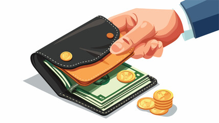 Wallet With Money and Hand With Coin Vector Illustration