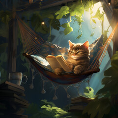Cat reading a book on a tiny hammock - obrazy, fototapety, plakaty