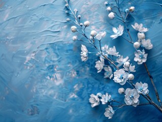 Elegant white spring blossoms are artfully arranged in front of a swirling blue textured canvas, creating a serene and creative visual contrast.