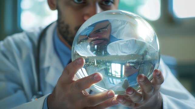 A physician gazing into a crystal ball within a hospital, seeing visions of patients' ailments and cures, blending mysticism and medicine
