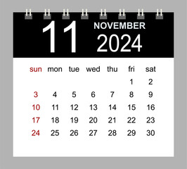November 2024. Vector monthly calendar template 2024 year in simple style for template design. Week starts from Sunday.