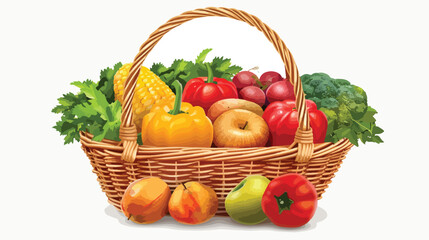 Fototapeta na wymiar Wicker Basket With Fruit and Vegetables Isolated on