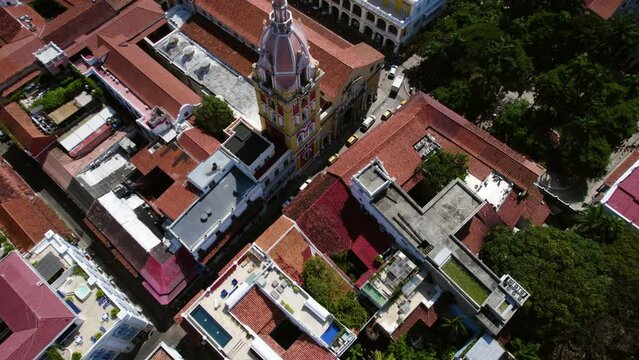 Cartagena, Colombia. Aerial View of Old Town Downtown, Santa Catalina Cathedral and Bocagrande Hotels, Revealing Drone Shot