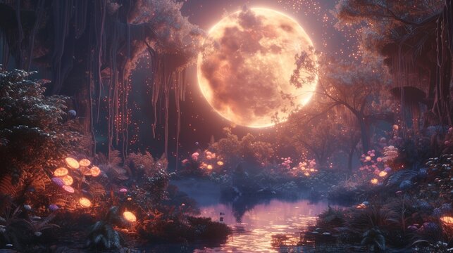 Illustrate a dream-like panorama of a tranquil oasis brimming with life, ironically situated on the incandescent surface of the sun, juxtaposed against a backdrop of playful and enchanted forest