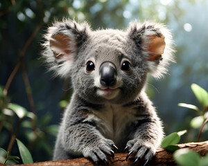 Fototapeta premium A cute Kawaii tiny hyper realistic koala with a plain background.