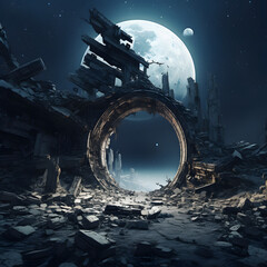 city of alien invasion spaceship in space space station in ruins moon - obrazy, fototapety, plakaty